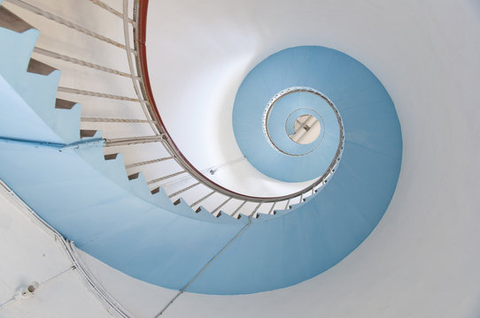 look up to the blue spiral staircase of Lynvig Lighthouse, NÃ?Â¸rre Lyngvig, Jutland, Denmark, Europe