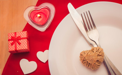 Romantic dinner for Valentines day , heart, red cloth on the table