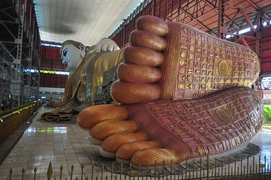 The giant reclining Buddha footprint detail shows refinement of of the work at Chaukhtatgyi temple.