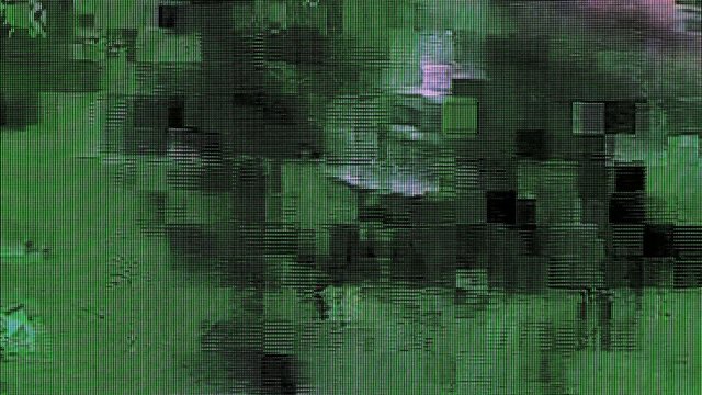 Scrambled cable TV broadcast signal, television screen display digital glitch, tv failure, digital artifacts on high definition screen.