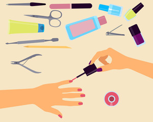 Top view of the workplace manicurist. Vector illustration
