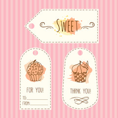 Tags with cupcake illustration. Vector hand drawn labes set with watercolor splashes. 