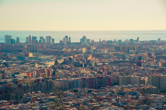 View of Barcelona from Torre Baro. Mediterranean sea,Torres de St Adrià (Las 3 torres) (The 3 towers). Barcelona, Catalonia, Spain.