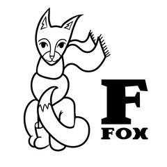 Cartoon fox wearing scarf and boots. Letter F. Part of animals alphabet. Black and white coloring.