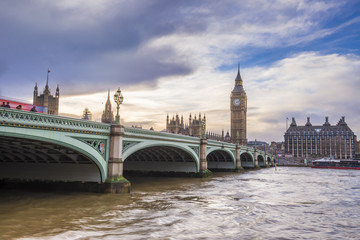 Houses of Parliament, Big Ben and Westminster Bridge with beautiful sky at sunset - London, UK