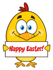 Smiling Yellow Chick Cartoon Character Holding A Happy Easter Sign