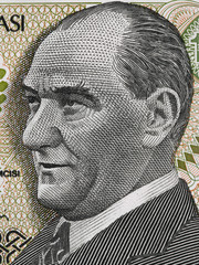 Mustafa Kemal Ataturk first President of Turkey portrait on turkish lira banknote close up macro,...