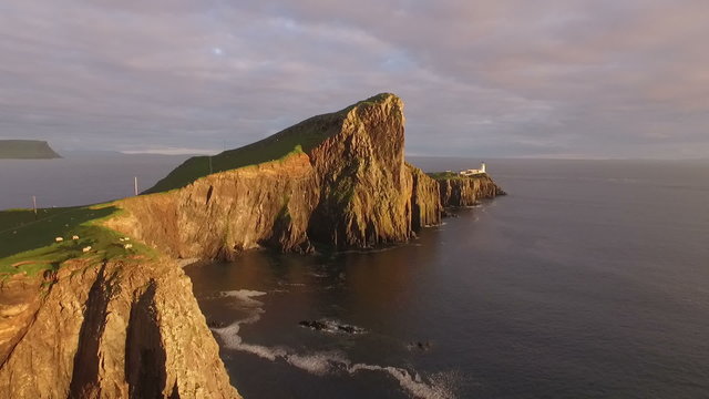 Beautiful aerial shot of Neist point on west coast of the Isle of Skye during an incredible sunet

