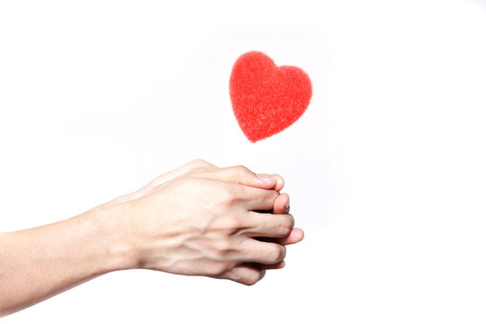 Human hands giving love in white isolated background - giving love concept