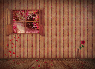 Vintage interior with floral wallpaper  ,open window and roses