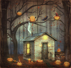 Old House  in a fairytale forest among trees and scary halloween pumpkins