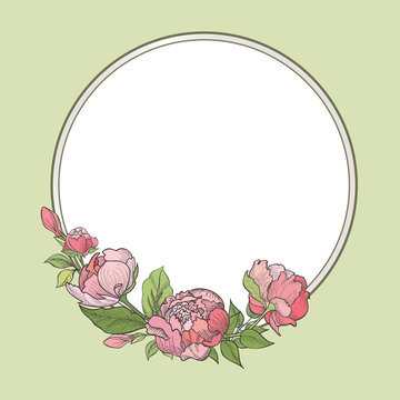 Flower frame. Floral greeting card. Floral border. Engraved flourish background