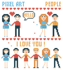 Obraz na płótnie Canvas Set of pixel people, words, hearts.