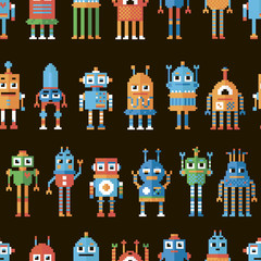 Seamless pattern with pixel robots.