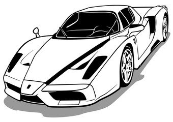 Naklejka premium Luxurious Sport Car - Black and White Outlined Illustration, Vector