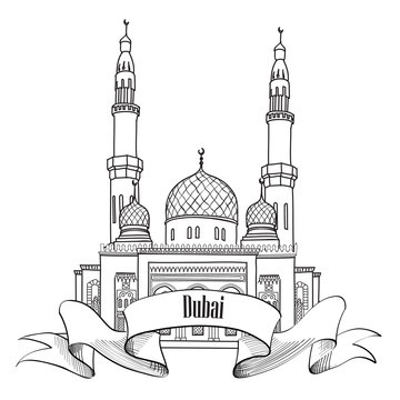 Dubai city architectural label. Banner of Dubai city. Travel UAE symbol.