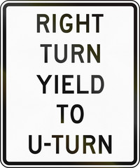 Road sign used in the US state of Delaware - right turn yield to u-turn