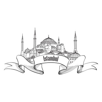 Istanbul label. Travel Turkey famous palace  symbol. Hand drawn landmark Hagia Sophia