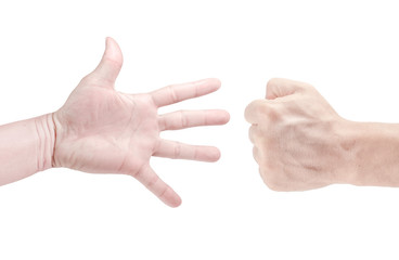 Hands playing paper rock scissors Isolated on a white background