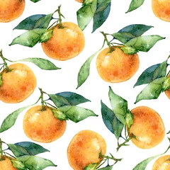 Tapeten Aquarellfrüchte Nahtloses Muster mit Mandarine