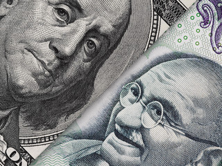 US dollar bill and India rupee banknote macro, Indian and USA economy finance business,  money...