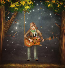 The boy sits on the swing in the forest  and plays  on   guitar