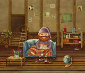 Illustration of the elderly person sitting on a sofa in the house, reading the book