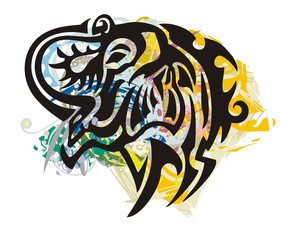 Grunge elephant head. The head of an elephant with floral splashes