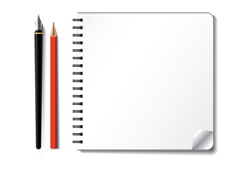 notebook and pencil, white paper