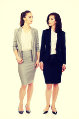 Two women in office outfits looking at each other.