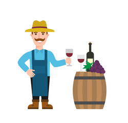 winemaker with wine glass wooden wine barrel wine bottle grapes bunch isolated on white background