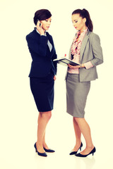 Two businesswomans discussing with eachother.