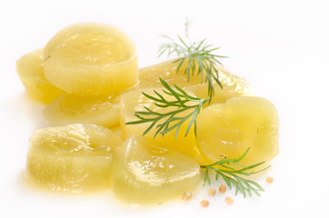 cucumbers, gherkins, sweet and sour with dill