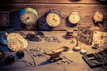 Watchmaker's room with parts of clocks