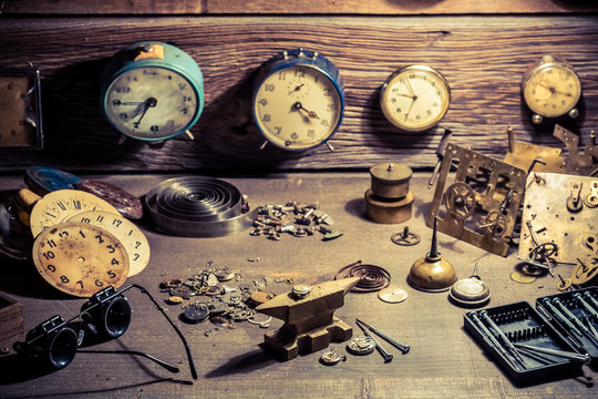 Watchmaker's room with clocks to repair