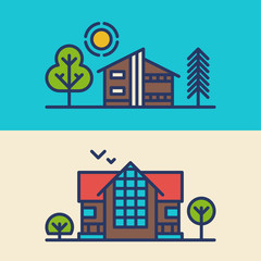 Set of Flat Style Line Art Vector Illustrations for Countryside Houses