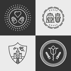 Obraz premium Zestaw elementów dekoracyjnych sztuka płaski wektor Fantasy. Król i królowa, smok, zamek, miłość