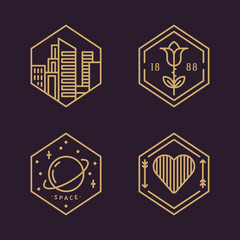 Obraz premium Set of Line Art Flat Vector Decorative elements. Modern City, Space, Love