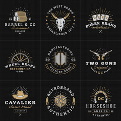 Set of Hipster Vintage Labels, Logotypes, Badges for Your Business. Wild West Theme. Barrel, Scull, Cards, Wheel, Saloon, Gun, Hat, Sheriff. Vector Illustration on Dark Textured Background