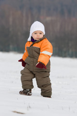 Fototapeta na wymiar Portrait of happy little boy in snowy landscape