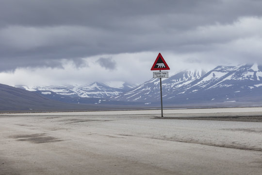 Warning sign polar bears, Spitsbergen, Svalbard, Norway