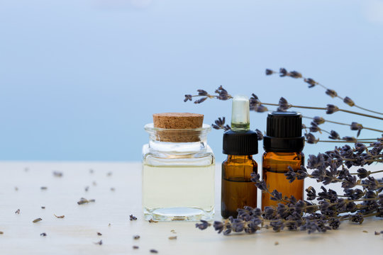 Aroma oils in bottles with lavender