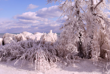 Frozen winter wonderland on the shoreline of Lake Ontario, Canada