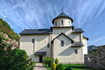 Fototapeta na wymiar Kolasin, Montenegro - September 29, 2012: Serbian Orthodox Moraca monastery in Montenegro. Monastery was founded in 1252.