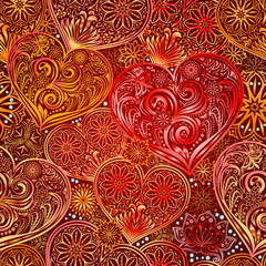 Valentine Day seamless background with hearts and flowers. Hand drawing floral motif vintage vector EPS-8 texture. 