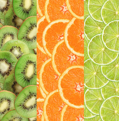 Collage with fruit of lime, kiwi and orange slices
