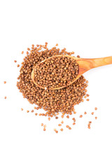Uncooked buckwheat on wooden spoon