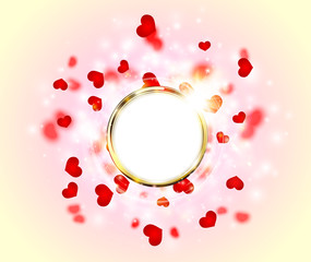 Abstract Sparkling Glow Golden Ring Frame Heart for Valentines Day Soft vanilla and pink Background Design. Love explosion light effect with spark and blur heart white round