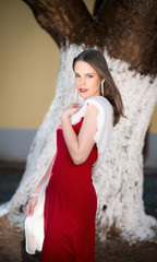 Beautiful stylish girl with long hair, gorgeous makeup in a red evening dress with white fur collar...