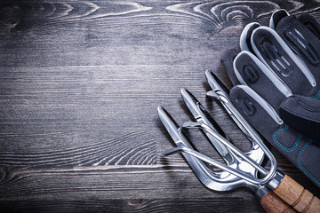 Rake trowel fork safety gloves on wooden board agriculture conce
